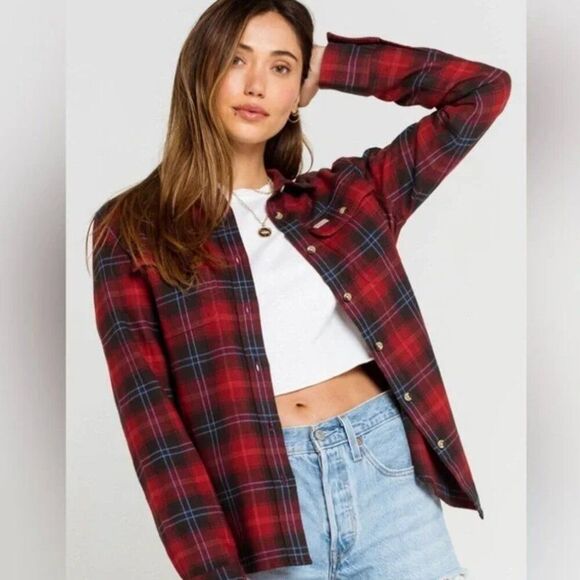 Brixton Tops - Brixton Bowery cropped Flannel Size XS Fall Red Holidays Surf Plaid Casual
